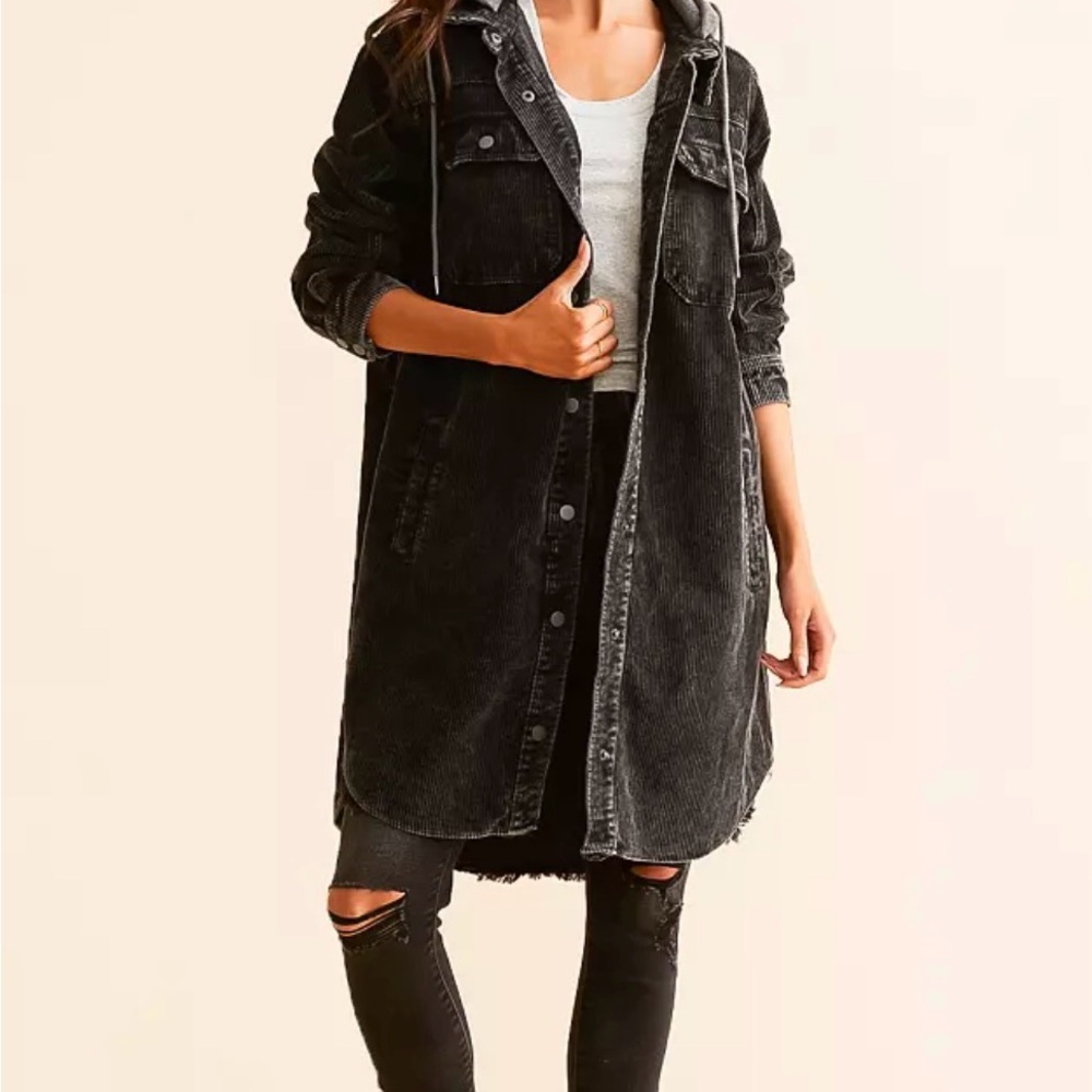 NWTS Black/Gray Women’s Hooded Corduroy Tunic Shacket STOOSH Sz Large
